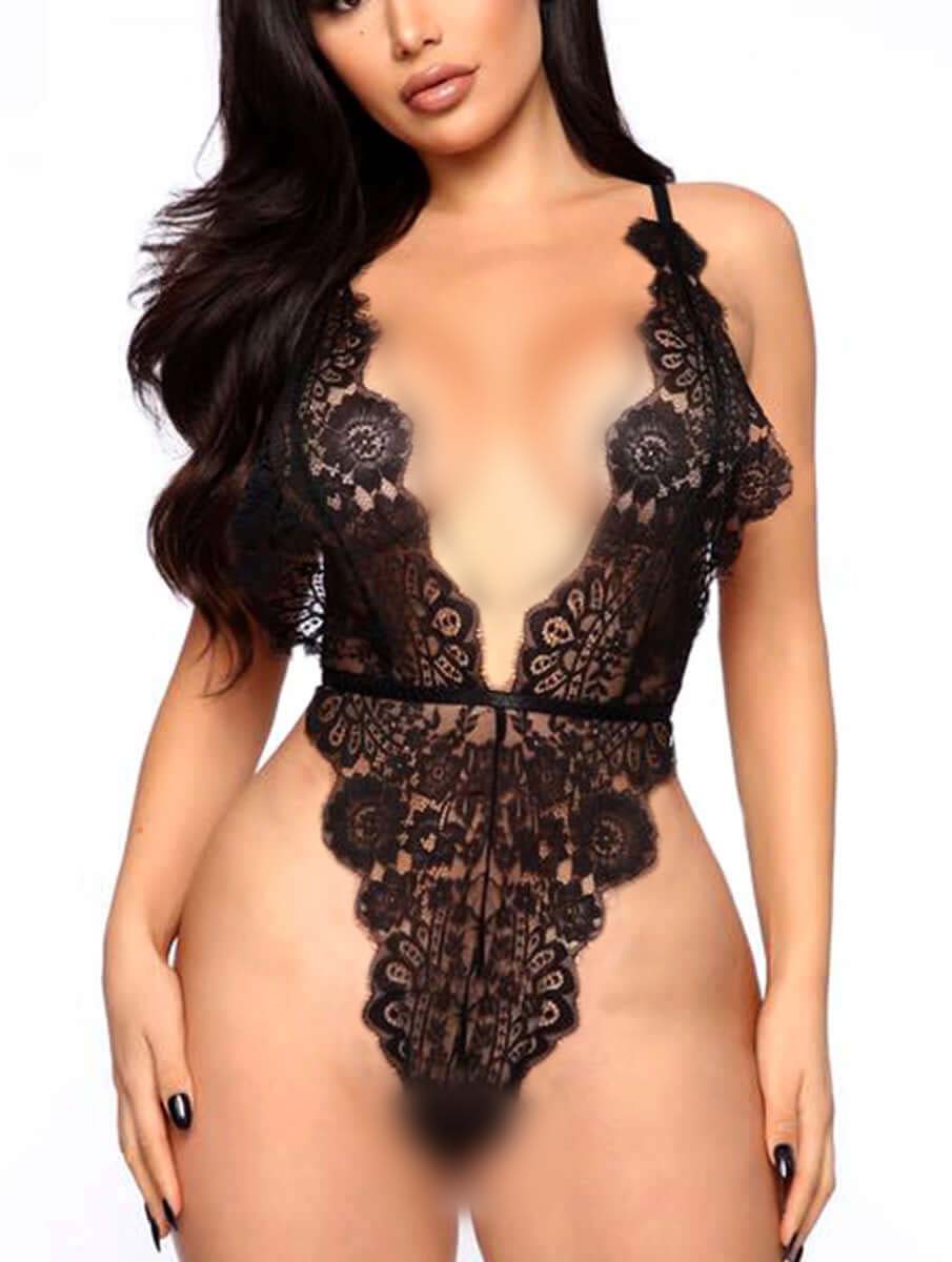 Black Floral Lace Teddy Bodysuit with Sheer Long Sleeve Robe