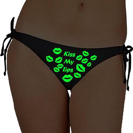 Glow In The Dark Kiss My Lips Satin Panty - Black - Intimacy HubThongs, G stringKamuk Life