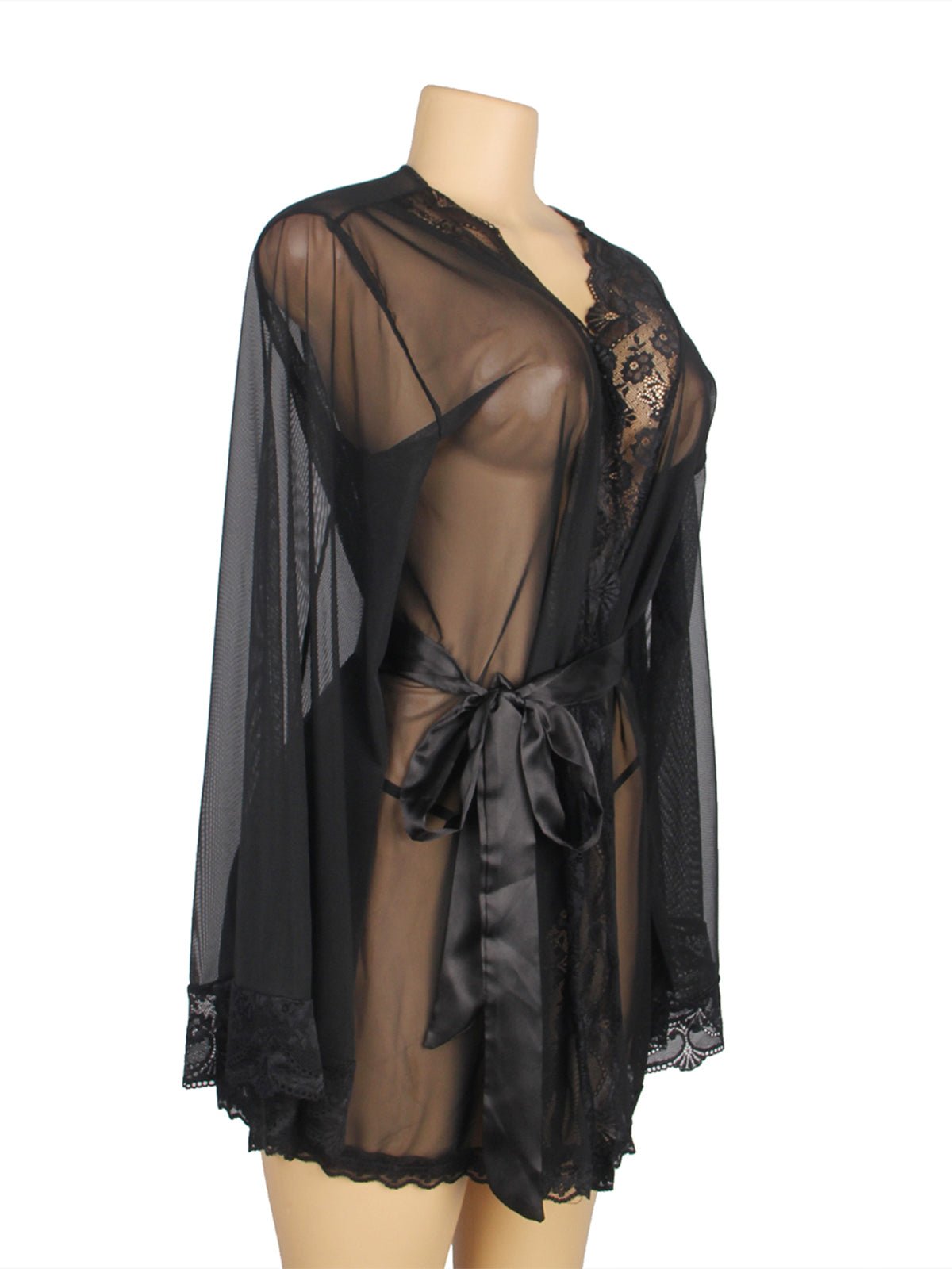 Kamuk Life Black Alluring Long Sleeve Net & Lace Chemise with Satin Bow - Hip Length Sleepwear - Intimacy HubLingerieKamuk Life