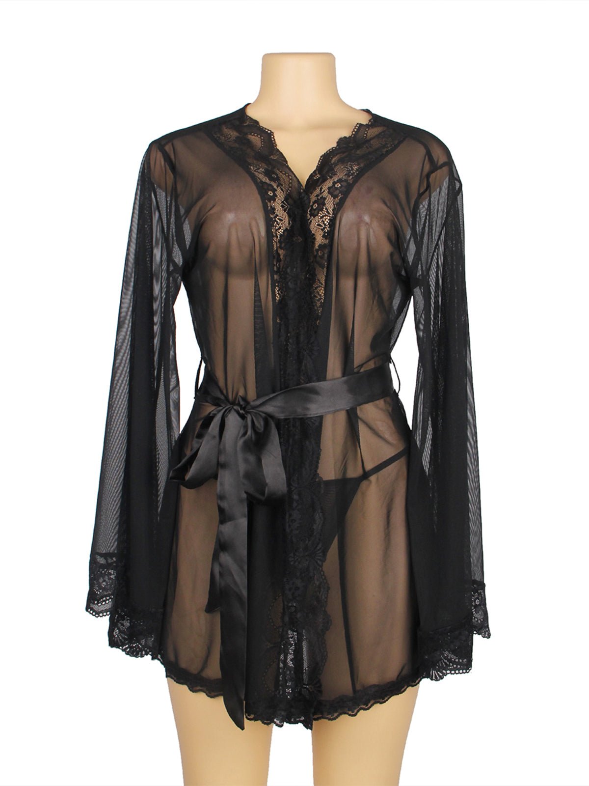 Kamuk Life Black Alluring Long Sleeve Net & Lace Chemise with Satin Bow - Hip Length Sleepwear - Intimacy HubLingerieKamuk Life