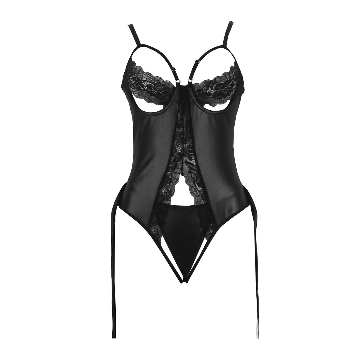 Kamuk Life Black Lace and Leather Bodysuit with Delicate Lace Accents and Playful Bow Detail - Intimacy HubLingerieKamuk Life