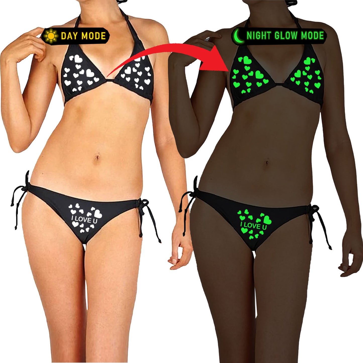 Kamuk Life Black Satin Glow - in - the - Dark Heart Print Bikini Lingerie Set - Intimacy HubLingerieKamuk Life