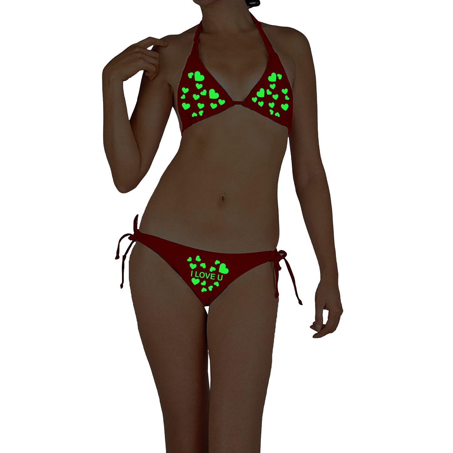 Kamuk Life Red Satin Glow - in - the - Dark Heart Print Bikini Lingerie Set - Intimacy HubLingerieKamuk Life