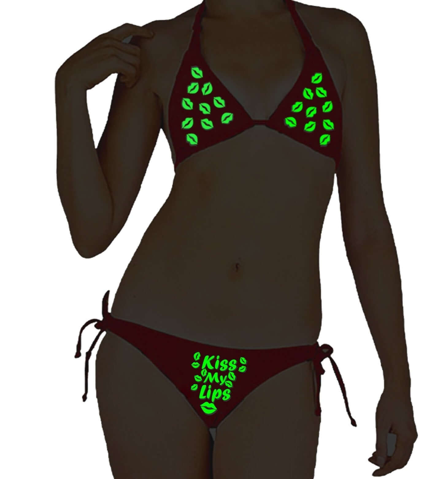 Kamuk Life Red Satin Glow - in - the - Dark Kiss My Lips Print Bikini Lingerie Set - Intimacy HubLingerieKamuk Life