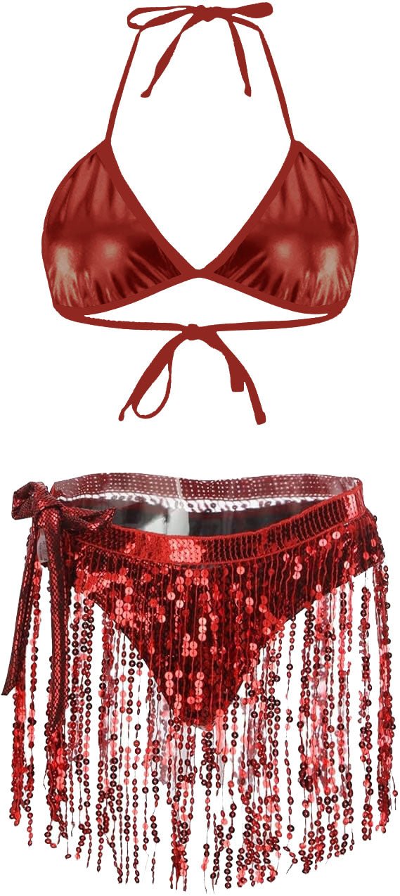 Red Leather Sequined Glittering Dancing Bikini set - Intimacy HubHot LingerieIntimacy Hub