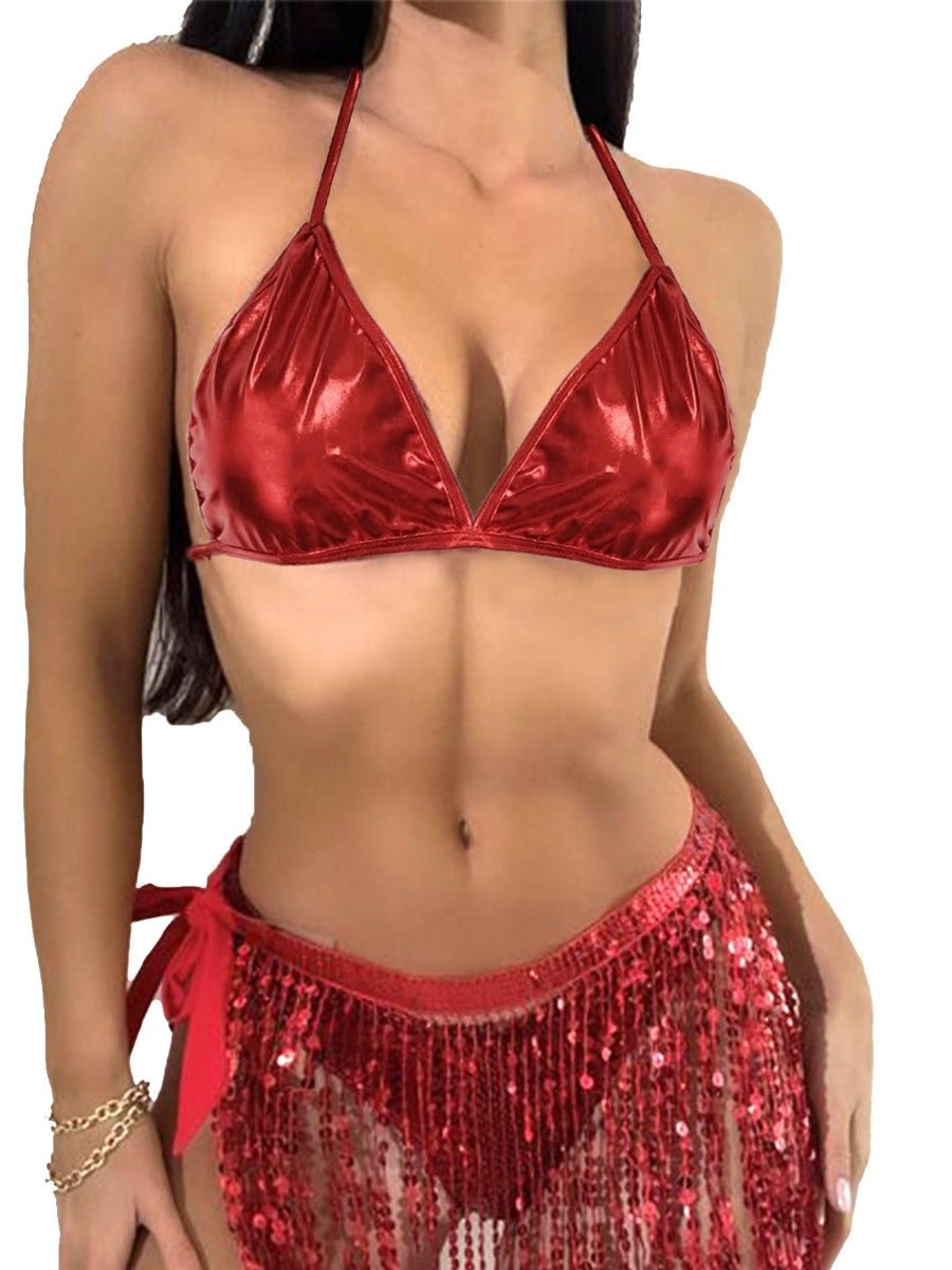 Red Leather Sequined Glittering Dancing Bikini set - Intimacy HubHot LingerieIntimacy Hub