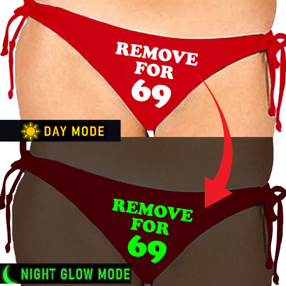 Red Satin Glow In The Dark Panty With Remove For 69 Print - Intimacy HubThongs, G stringIntimacy Hub